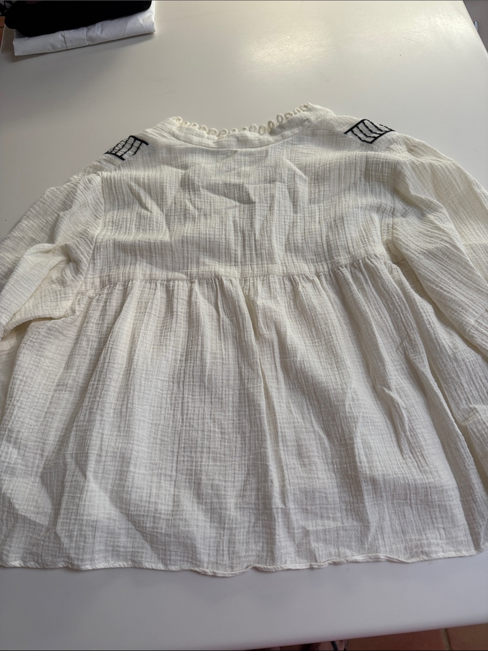 Apiece Apart White Gauze Peasant Blouse with Black & Red Embroidery - Picture 5 of 5